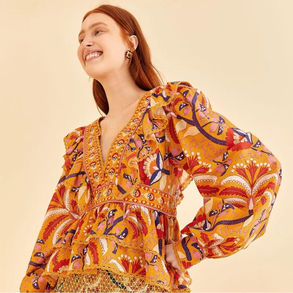 Farm Rio Yellow Palms Party Ruffle Blouse NWT MSRP 190